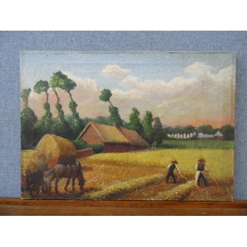 291 - Post Impressionist School, rural landscape with workers in a field, oil on canvas, indistinctly sign... 