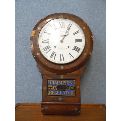 312 - A 19th Century American inlaid rosewood drop dial Champion Regulator 8-day wall clock, dial signed L... 