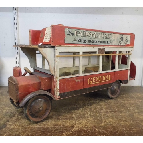 362 - A 1920s Tri-ang Toys wooden double decker London General Bus, with Fairycycle Advertising