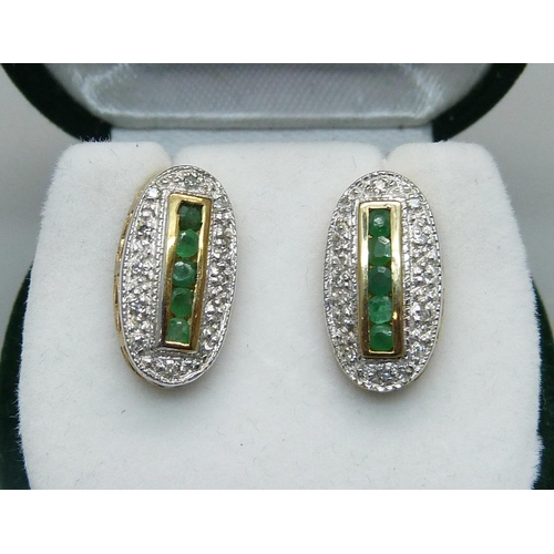 1011 - A pair of 9ct gold, emerald and diamond earrings, 2.3g, 8mm x 15mm