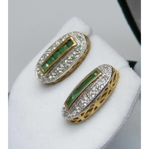 1011 - A pair of 9ct gold, emerald and diamond earrings, 2.3g, 8mm x 15mm