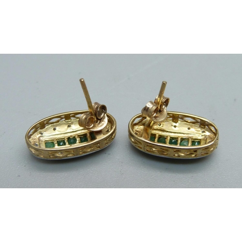 1011 - A pair of 9ct gold, emerald and diamond earrings, 2.3g, 8mm x 15mm