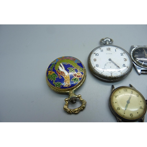 1036 - A Cyma military pocket watch, a/f, three wristwatches and two fob watches