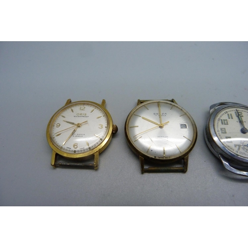 1046 - Six wristwatches, including Junghans with black dial and Oris, three lacking crowns