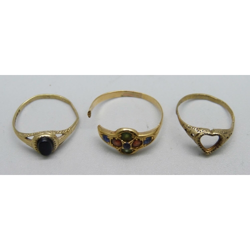 1049 - Two 9ct gold rings, a/f and a yellow metal ring, a/f, total weight 3.5g