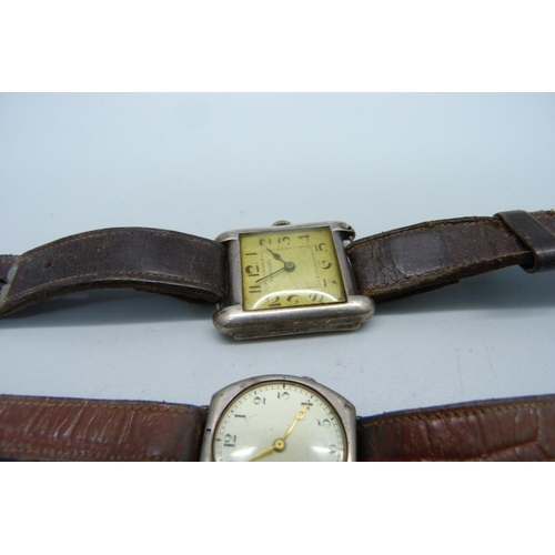 1081 - Five silver cased wristwatches including rectangular, cushion and trench