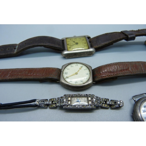 1081 - Five silver cased wristwatches including rectangular, cushion and trench