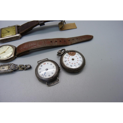 1081 - Five silver cased wristwatches including rectangular, cushion and trench