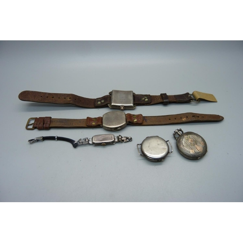 1081 - Five silver cased wristwatches including rectangular, cushion and trench