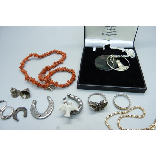 1101 - Silver jewellery including a silver and marcasite ring, coral necklace, etc.