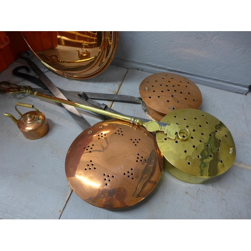 1138 - A copper and brass warming pan, three roasters, a brass fork and a small kettle  **PLEASE NOTE THIS ... 