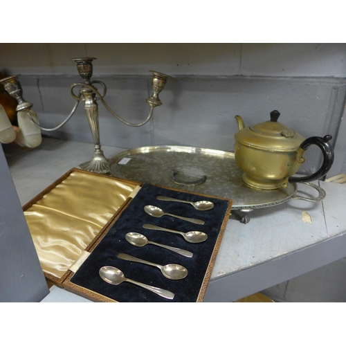 1144 - A plated tray, a/f, a candelabra, spoons and a teapot  **PLEASE NOTE THIS LOT IS NOT ELIGIBLE FOR PO... 