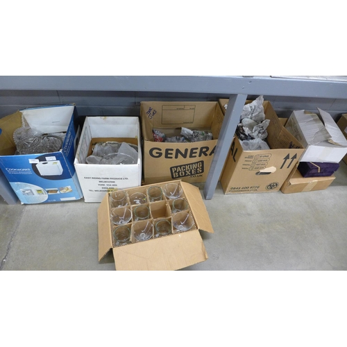 1167 - Seven boxes of glassware including some retro glasses, Babycham, etc., crested china, plated goblets... 