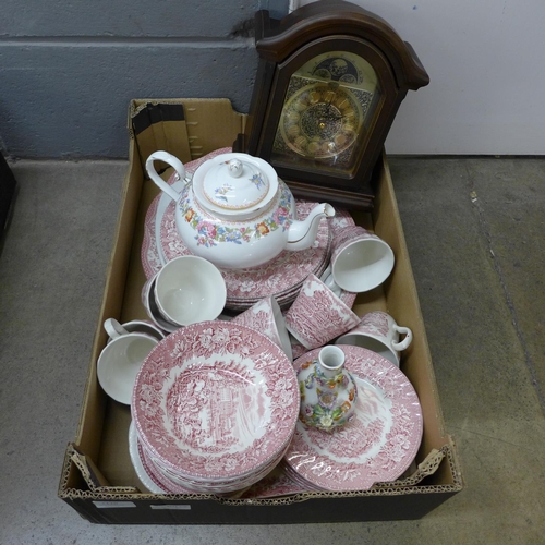 1170 - A Bentima clock and a box of china including red transferware and Royal Grafton  **PLEASE NOTE THIS ... 