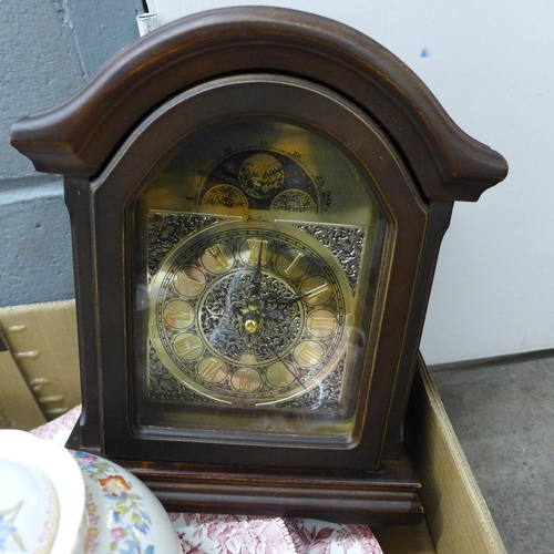 1170 - A Bentima clock and a box of china including red transferware and Royal Grafton  **PLEASE NOTE THIS ... 