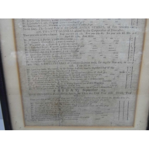 602 - An 18th Century Doncaster Races programme, The St. Leger and The Gold Cup, dated 1794, framed