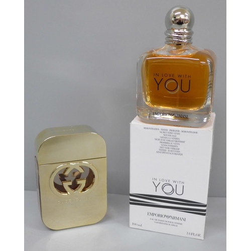 613 - A bottle of Gucci Guilty eau de parfum and a bottle of Georgio Armani My Way eau de parfum