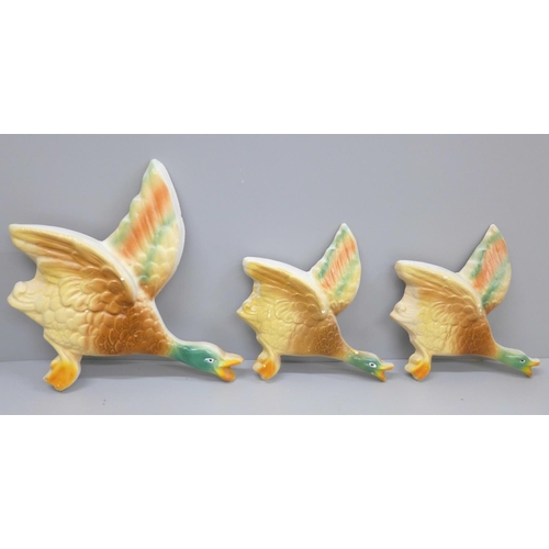 650 - A set of three flying ducks wall plaques