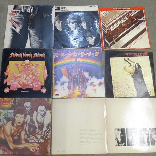 680 - Pop music; eight LP records, The Beatles, The Rolling Stones, Fleetwood Mac, Black Sabbath and David... 