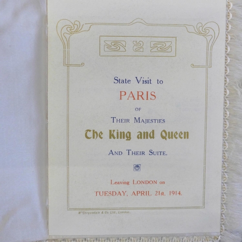 684 - Three silk folders and envelopes containing details of the State Visit to Paris of Their Majesties t... 