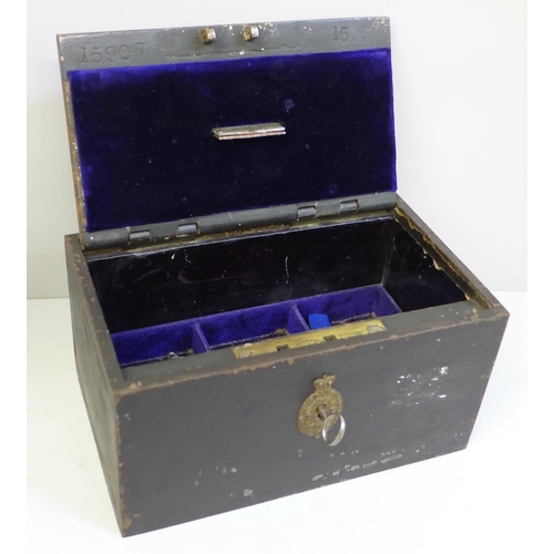 700 - A 19th Century Patent strongbox, 20 x 12.5 x 10cm, 6.5kg