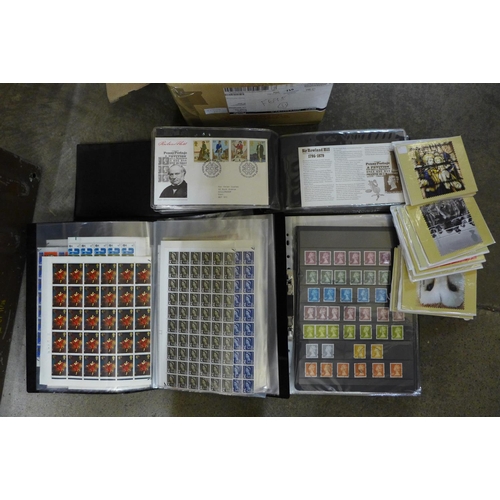 719 - Stamps:- box of GB stamps, covers, etc., noted file of full sheets, album of 1/2 stamps, coils, book... 