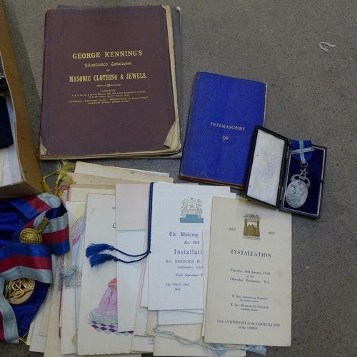 741 - A box of Masonic regalia and Masonic books and ephemera