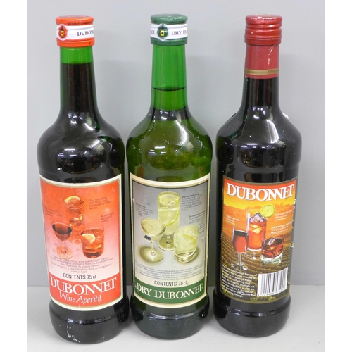 832 - Three bottles of Dubonnet