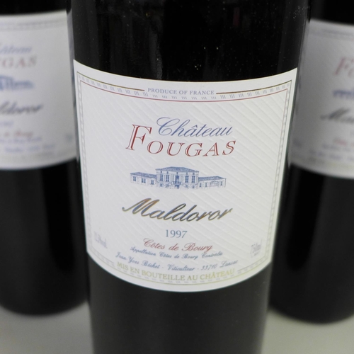 845 - Six bottles of Chateau Fougas Maldorer Red Wine in a wooden box