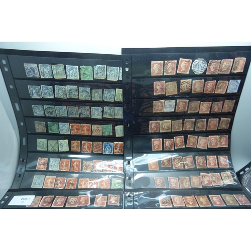 850 - Stamps; five double sided stock sheets, eight sides with penny reds and two sides with other stamps