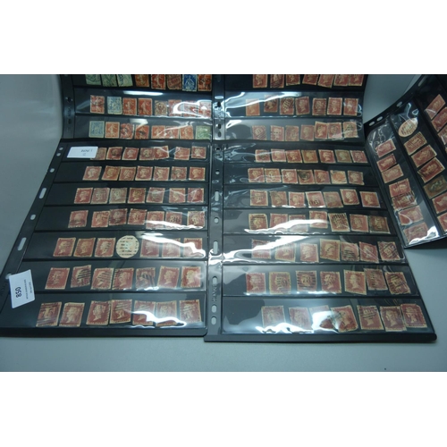 850 - Stamps; five double sided stock sheets, eight sides with penny reds and two sides with other stamps