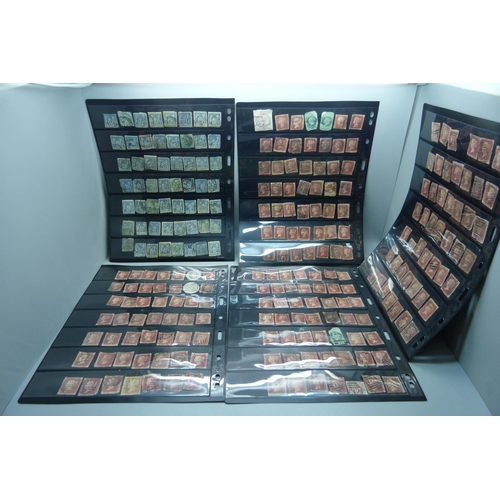 850 - Stamps; five double sided stock sheets, eight sides with penny reds and two sides with other stamps