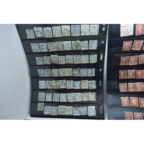 850 - Stamps; five double sided stock sheets, eight sides with penny reds and two sides with other stamps