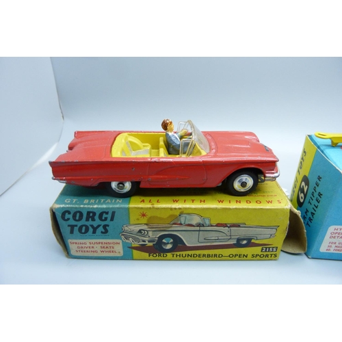 870 - Four model vehicles; three Corgi Toys, 62 Tipper Trailer, (no raves), 215S Ford Thunderbird and 224 ... 