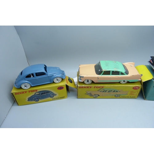 872 - Five model vehicles; two Corgi Toys, 223 and 315, and three Dinky Toys, 178 Plymouth Plaza, Volkswag... 