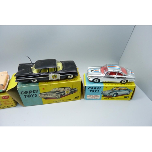 872 - Five model vehicles; two Corgi Toys, 223 and 315, and three Dinky Toys, 178 Plymouth Plaza, Volkswag... 