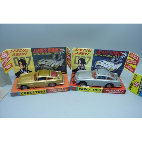 874 - Two Corgi Toys James Bond Aston Martin D.B. 5 cars and 353 Decca Airfield Control Radar