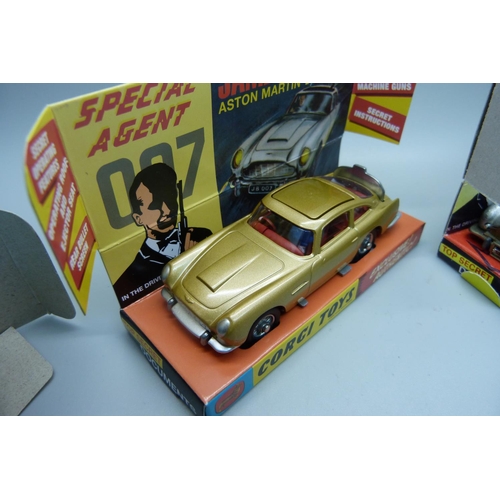 874 - Two Corgi Toys James Bond Aston Martin D.B. 5 cars and 353 Decca Airfield Control Radar