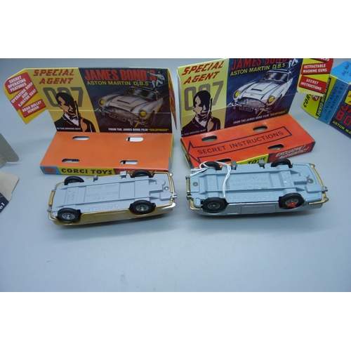 874 - Two Corgi Toys James Bond Aston Martin D.B. 5 cars and 353 Decca Airfield Control Radar