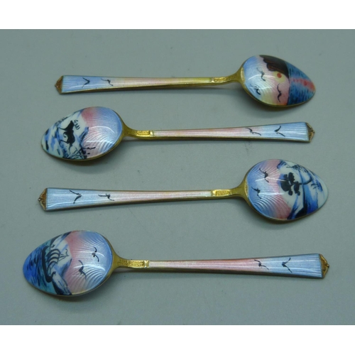 908 - Four Norwegian silver and enamel coffee spoons