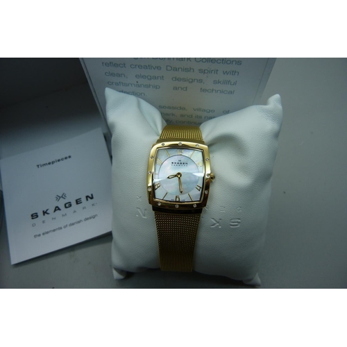 928 - A lady's Skagen wristwatch with mother of pearl dial, boxed