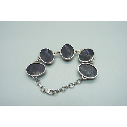 968 - A silver and Blue John bracelet, (Blue John panels approximately 17mm x 24mm)