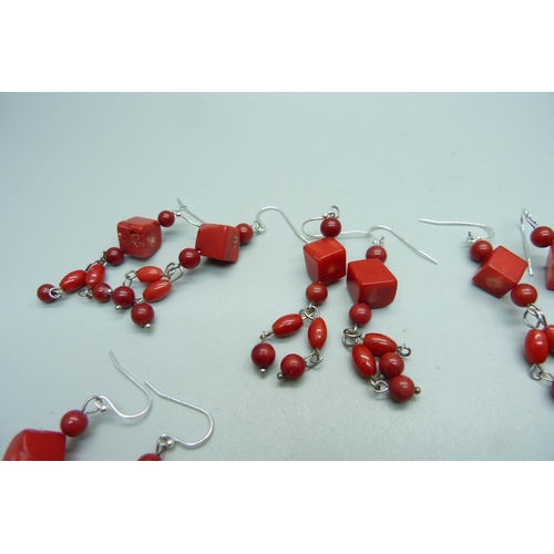 998 - Nine pairs of coral earrings with silver hooks