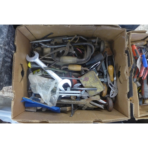 2027 - Two boxes of misc. hand tools including spanners, screwdrivers, tool belt and more