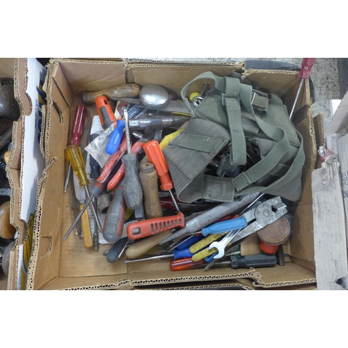 2027 - Two boxes of misc. hand tools including spanners, screwdrivers, tool belt and more