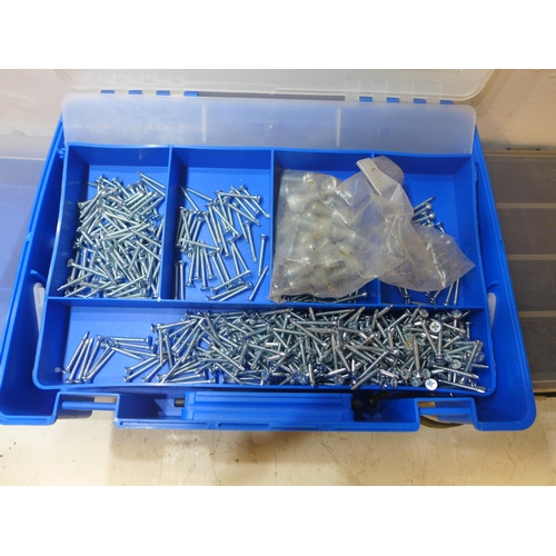 Three nail/screw storage boxes and qty. of nails and screws