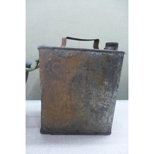 2056 - Two metal petrol cans, large wooden block plane and copper lidded pot