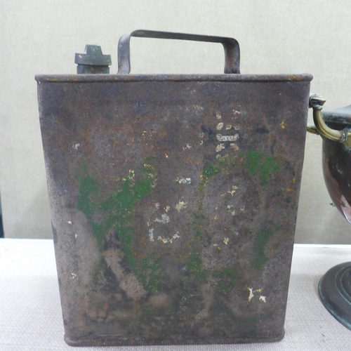 2056 - Two metal petrol cans, large wooden block plane and copper lidded pot