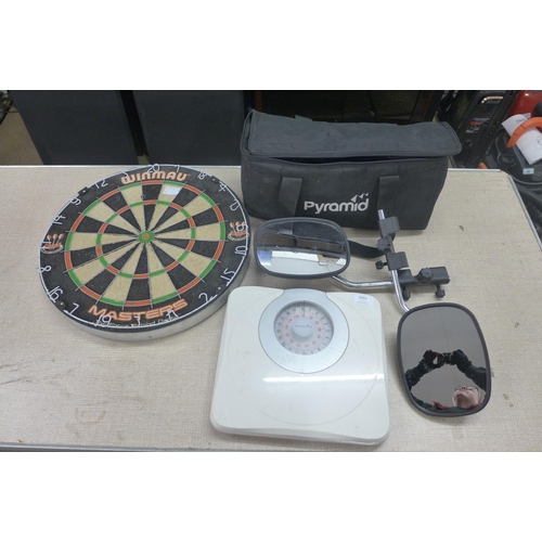 2059 - Winmau dartboard, set of Hanson scales and set of Pyramid extension towing mirrors