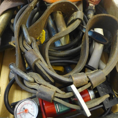 2217 - Misc. box of pressure hose, foot pumps, hammers, circular saw, super sprayer S5 and more